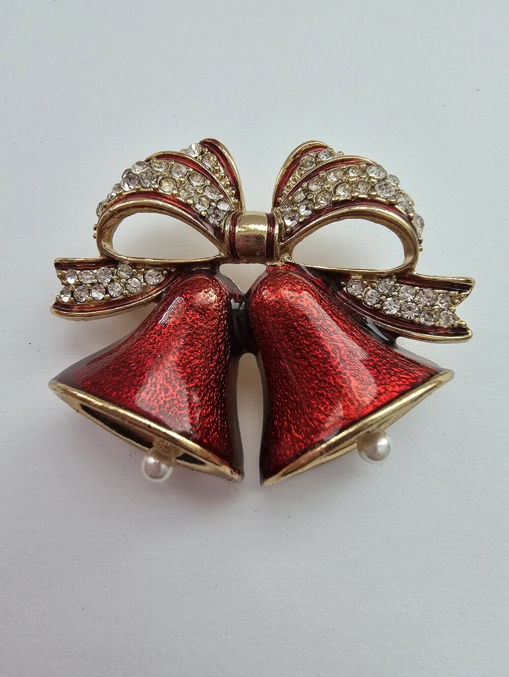 Vintage Gold Tone Red Enamel Christmas Bells Brooch Rhinestone Bow Pearl Clapper